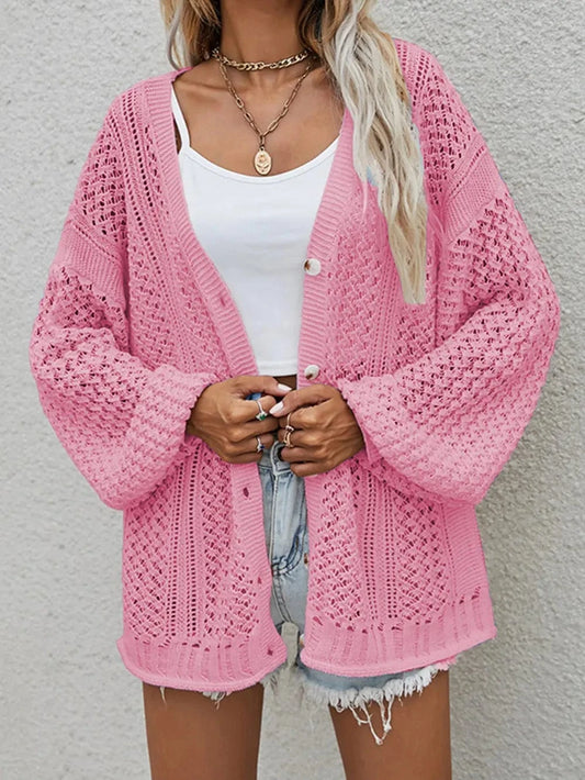 Openwork Button Front Cardigan Sweaters Dusty Pink / S The Nichole Collection