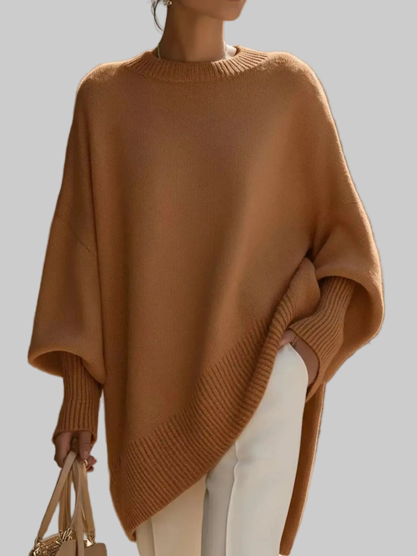 Oversized Batwing Sleeve Round Neck Sweater Brown / XS The Nichole Collection