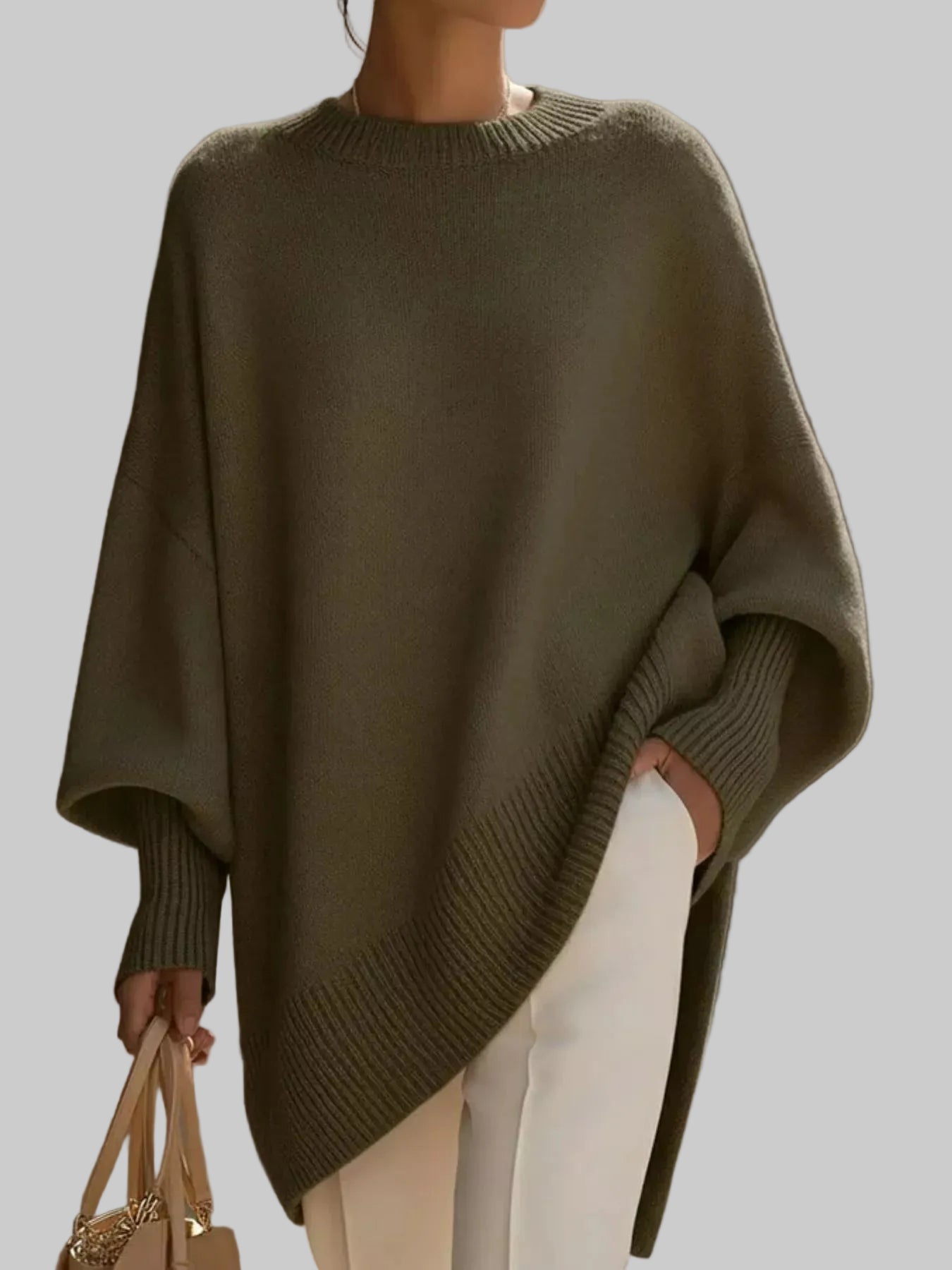 Oversized Batwing Sleeve Round Neck Sweater Dark Green / XS The Nichole Collection