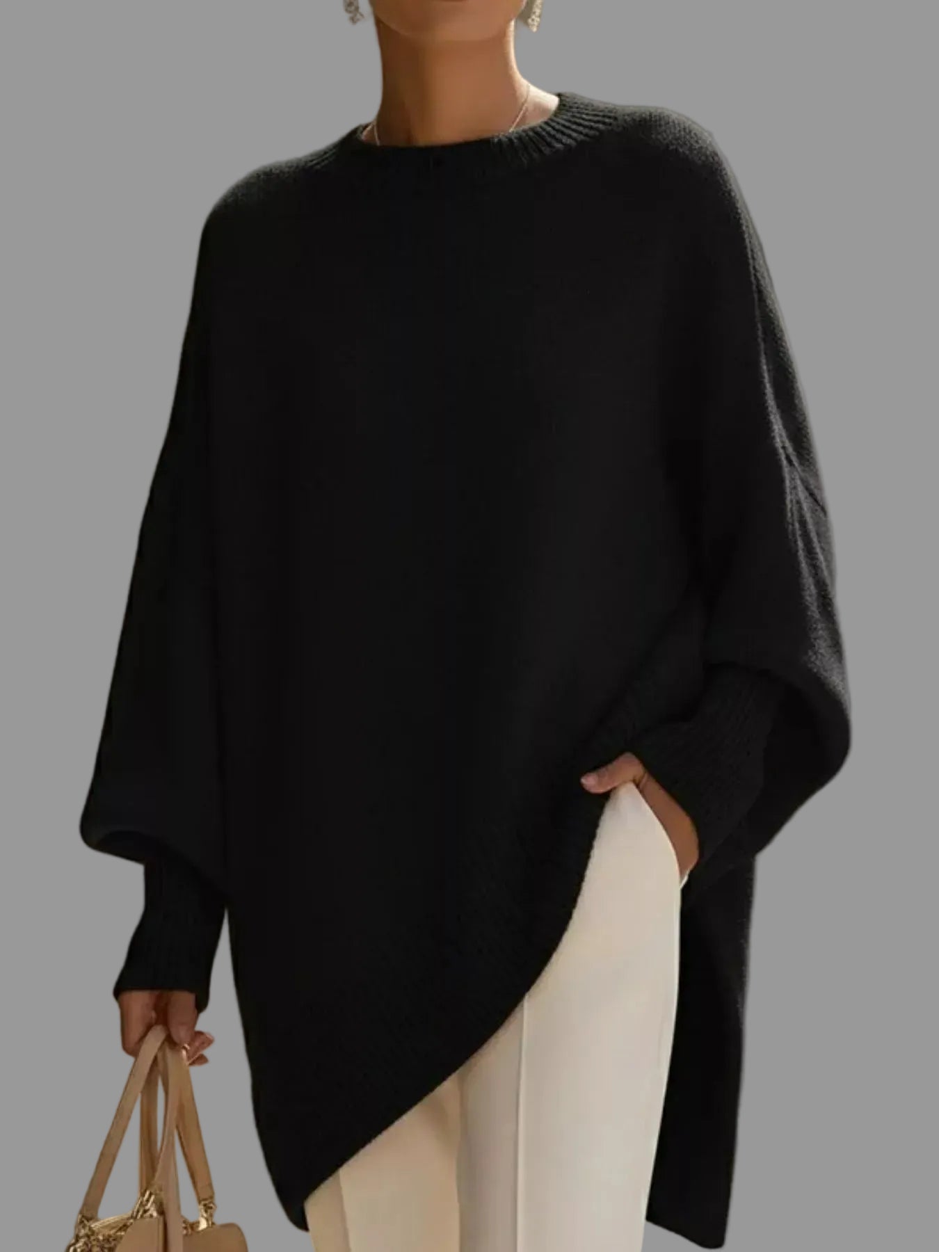 Oversized Batwing Sleeve Round Neck Sweater Black / XS The Nichole Collection