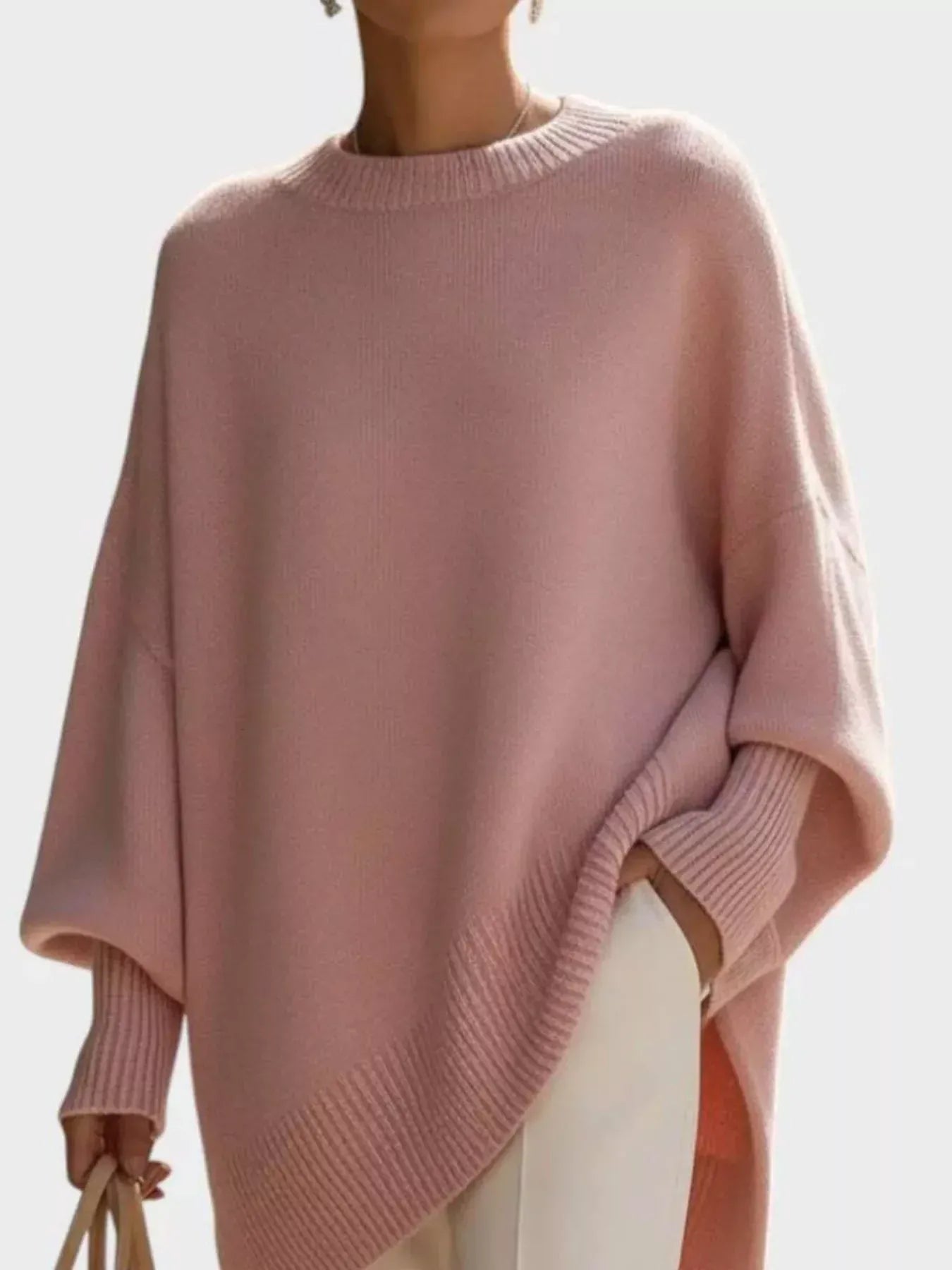 Oversized Batwing Sleeve Round Neck Sweater Pink / XS The Nichole Collection