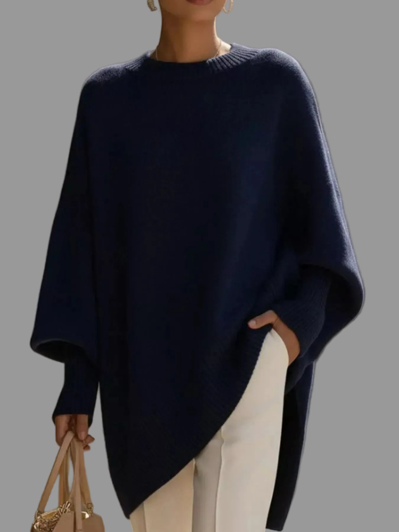 Oversized Batwing Sleeve Round Neck Sweater Navy Blue / XS The Nichole Collection