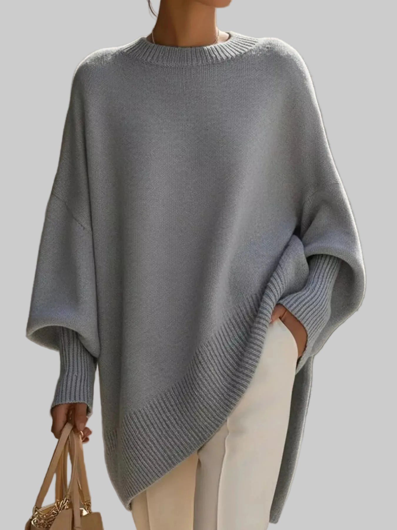 Oversized Batwing Sleeve Round Neck Sweater Gray / XS The Nichole Collection