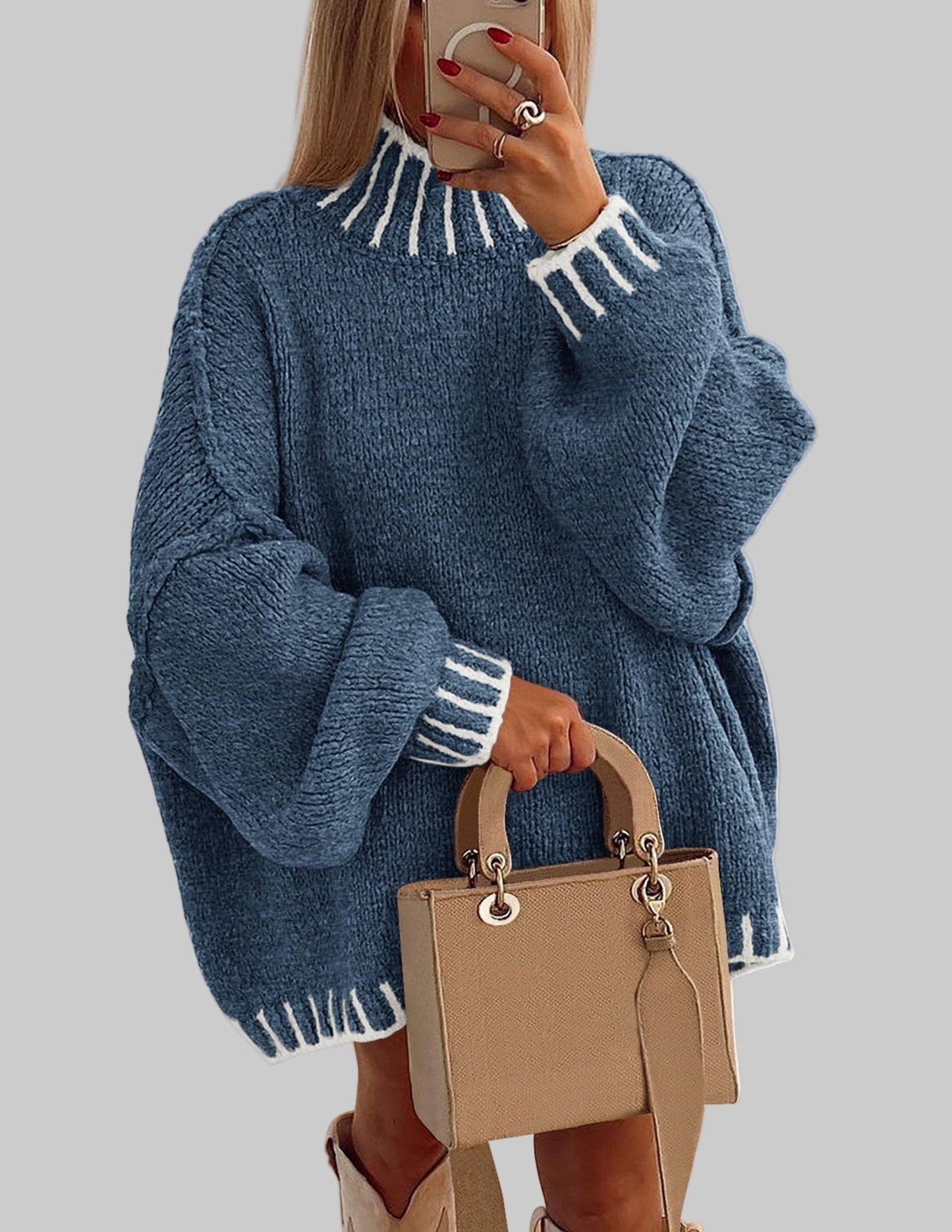 Oversized Chunky Knit Mock Neck Sweater Sweaters X-Small / Blue Grey The Nichole Collection
