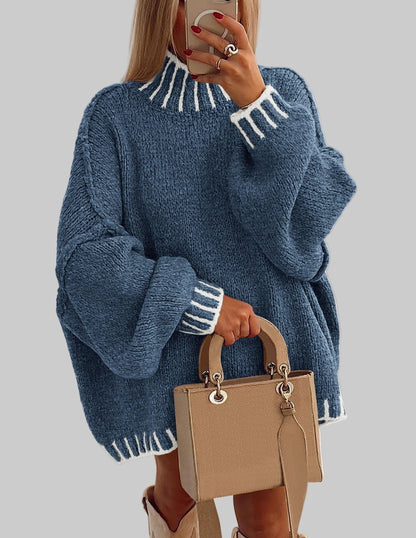 Oversized Chunky Knit Mock Neck Sweater Sweaters X-Small / Blue Grey The Nichole Collection
