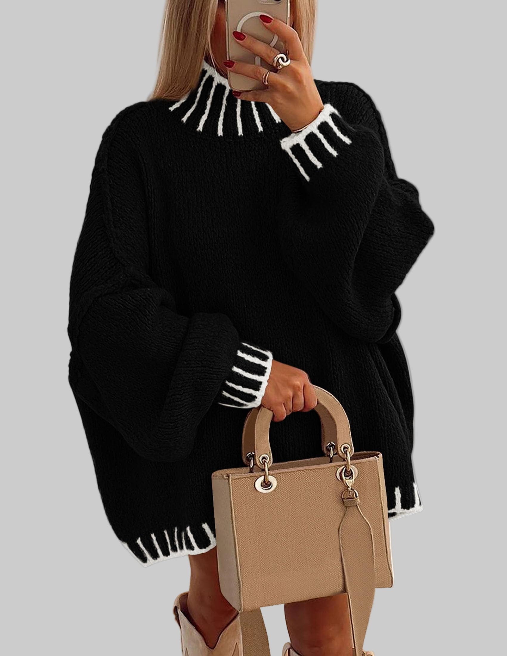 Oversized Chunky Knit Mock Neck Sweater Sweaters X-Small / Black The Nichole Collection