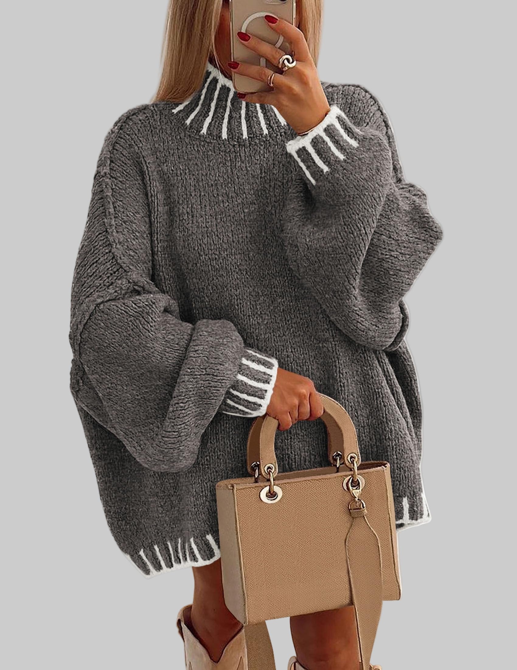 Oversized Chunky Knit Mock Neck Sweater Sweaters X-Small / Grey The Nichole Collection