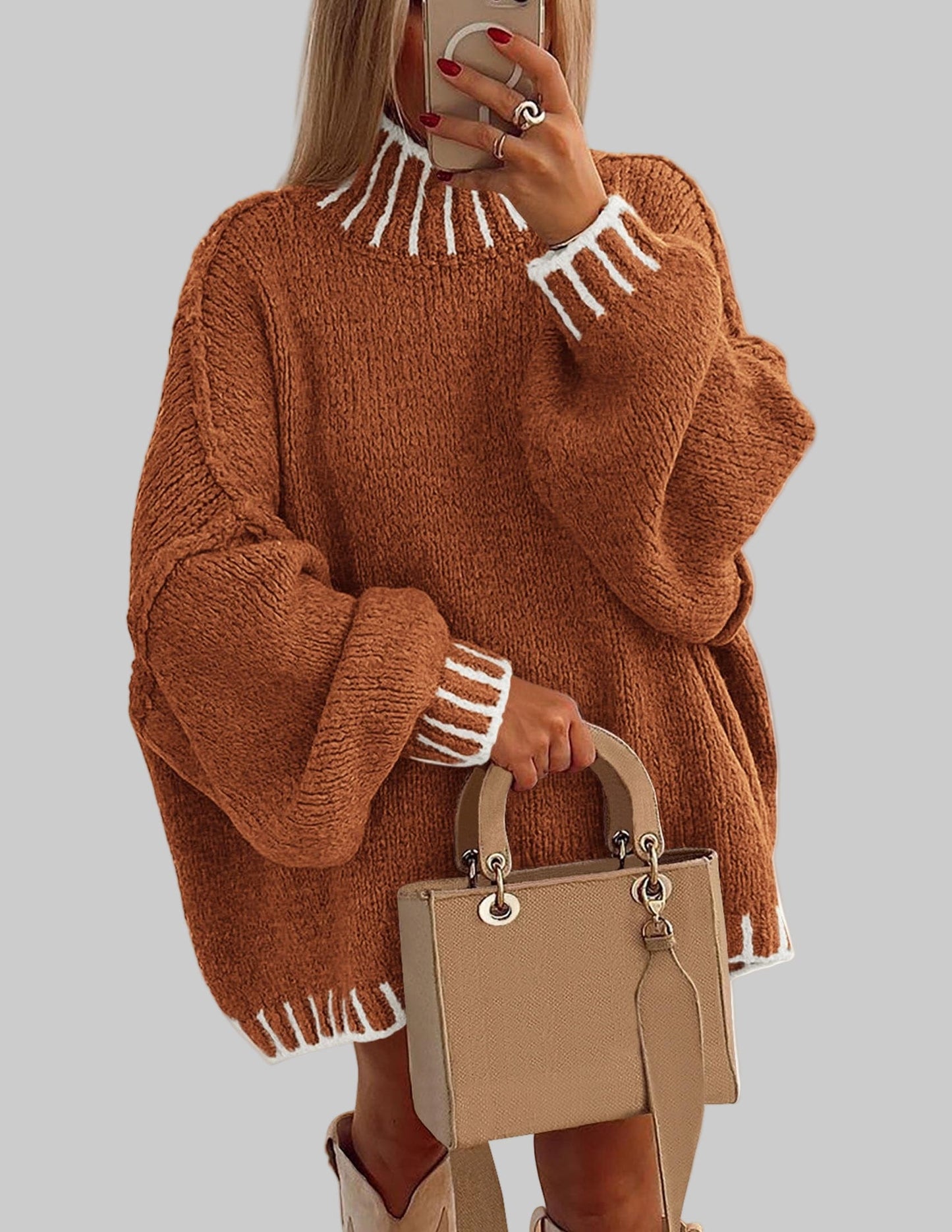 Oversized Chunky Knit Mock Neck Sweater Sweaters X-Small / Rust The Nichole Collection