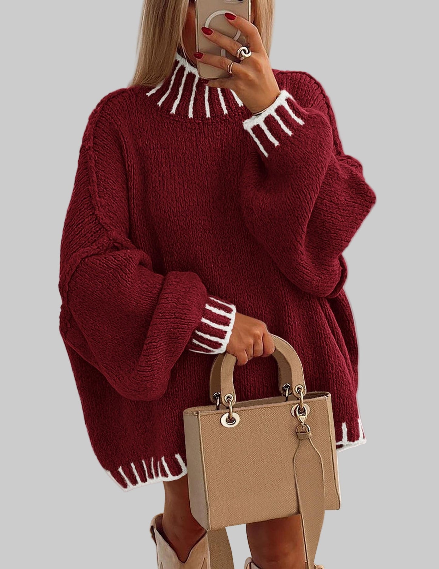 Oversized Chunky Knit Mock Neck Sweater Sweaters Small / Wine Red The Nichole Collection