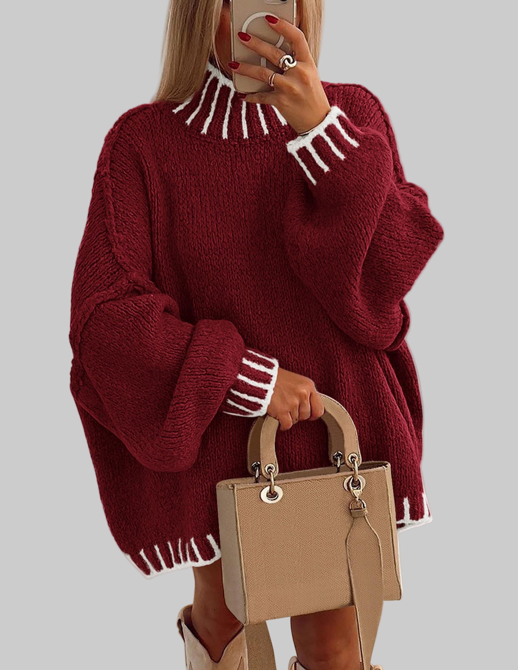 Oversized Chunky Knit Mock Neck Sweater Sweaters X-Small / Wine Red The Nichole Collection