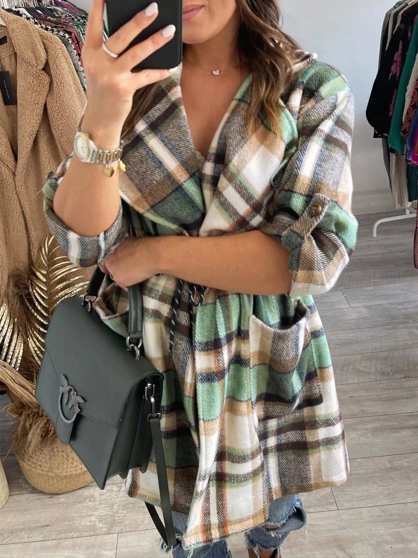 Oversized Drawstring Plaid Button Front Shirt Shirts & Tops The Nichole Collection