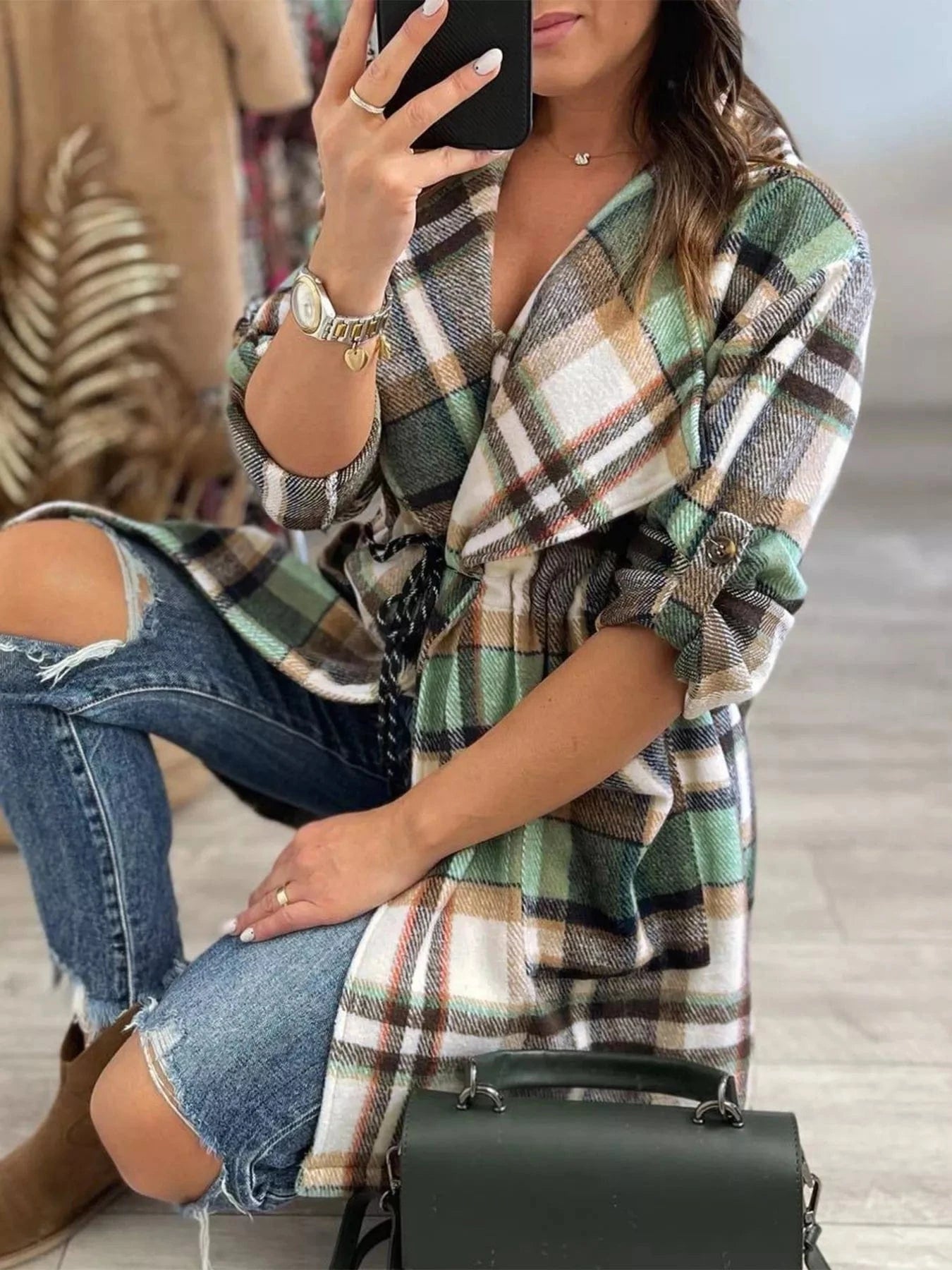 Oversized Drawstring Plaid Button Front Shirt Shirts & Tops The Nichole Collection