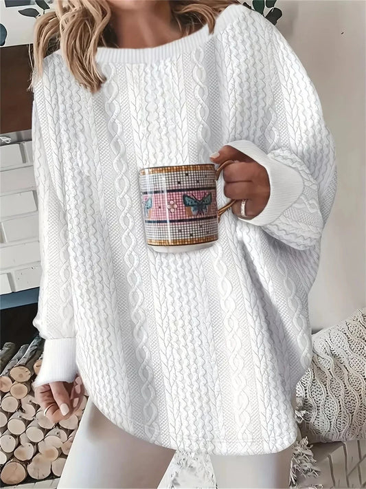 Oversized Textured Long Sleeve Sweatshirt Sweatshirt White / S The Nichole Collection