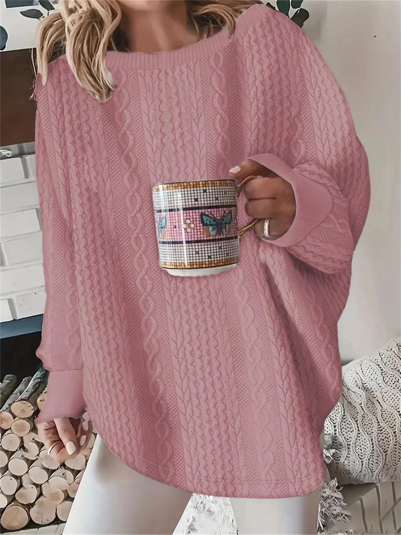 Oversized Textured Long Sleeve Sweatshirt Sweatshirt Pink / S The Nichole Collection