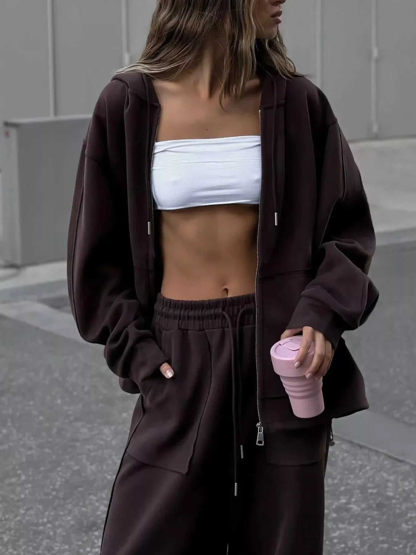 Oversized Zip-Up Hoodie and Wide-Leg Pants Set Brown / S The Nichole Collection - Official Site