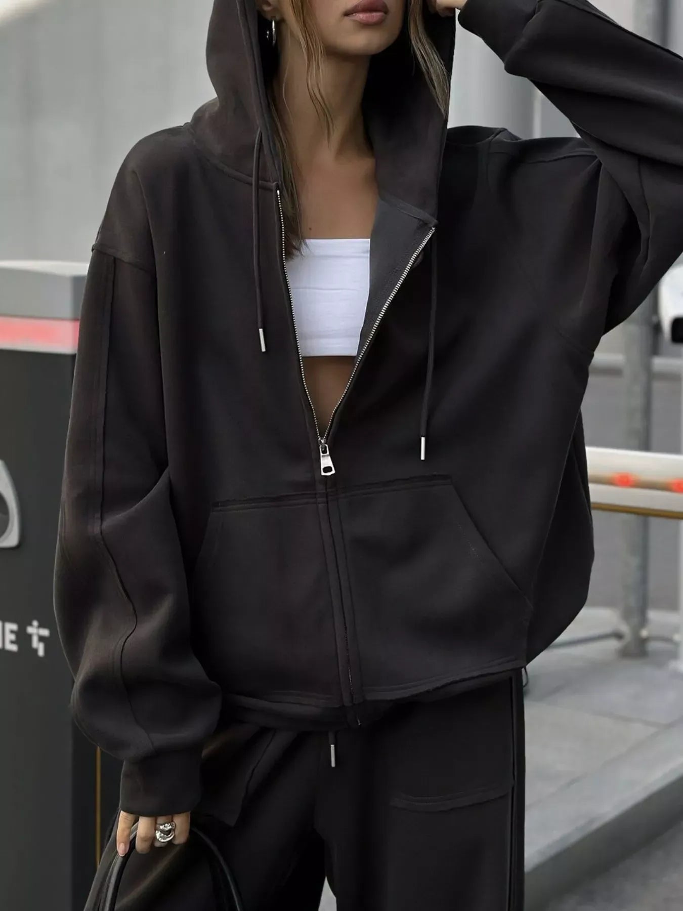 Oversized Zip-Up Hoodie and Wide-Leg Pants Set Black / S The Nichole Collection - Official Site