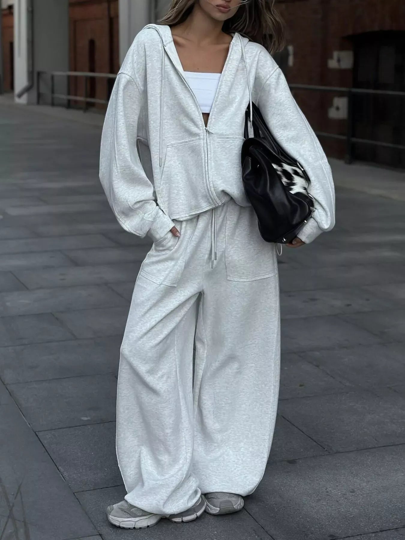 Oversized Zip-Up Hoodie and Wide-Leg Pants Set Light Gray / S The Nichole Collection - Official Site