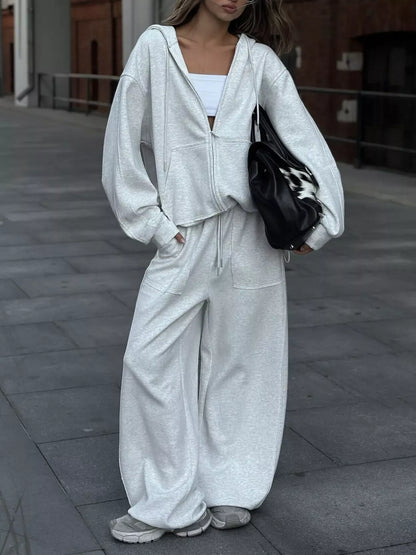Oversized Zip-Up Hoodie and Wide-Leg Pants Set Light Gray / S The Nichole Collection - Official Site