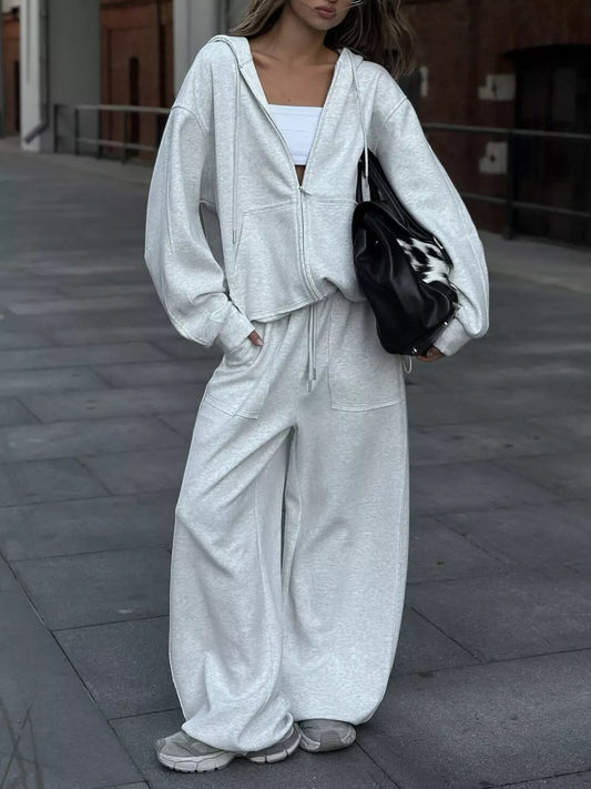 Oversized Zip-Up Hoodie and Wide-Leg Pants Set Light Gray / S The Nichole Collection - Official Site
