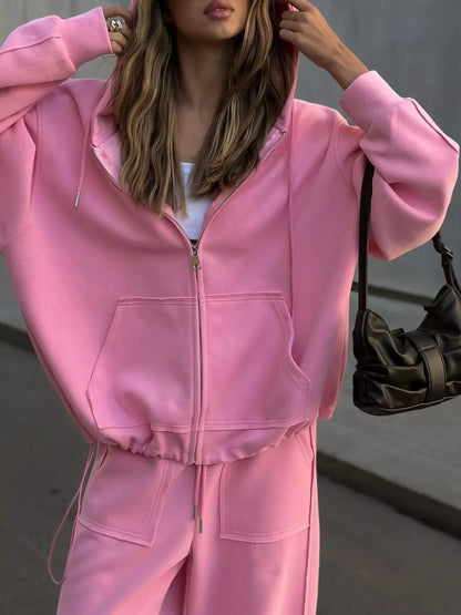 Oversized Zip-Up Hoodie and Wide-Leg Pants Set Pink / S The Nichole Collection - Official Site