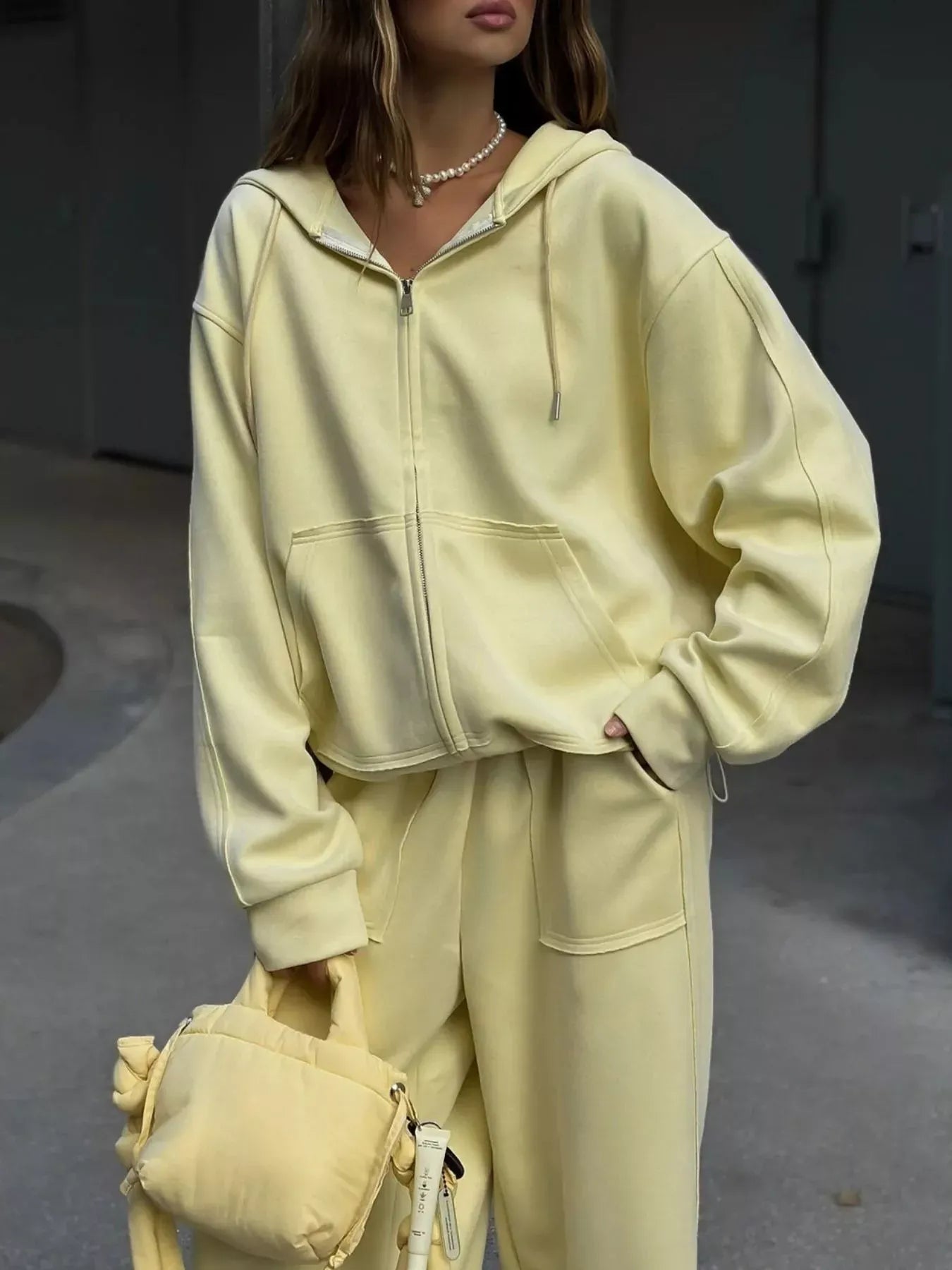 Oversized Zip-Up Hoodie and Wide-Leg Pants Set Yellow / S The Nichole Collection - Official Site