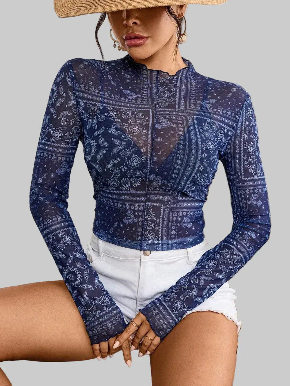 Paisley Mock Neck Long Sleeve Sheer Top Mesh Dark Blue / S The Nichole Collection