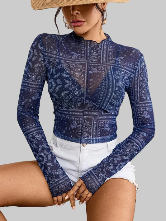 Paisley Mock Neck Long Sleeve Sheer Top Mesh Dark Blue / S The Nichole Collection