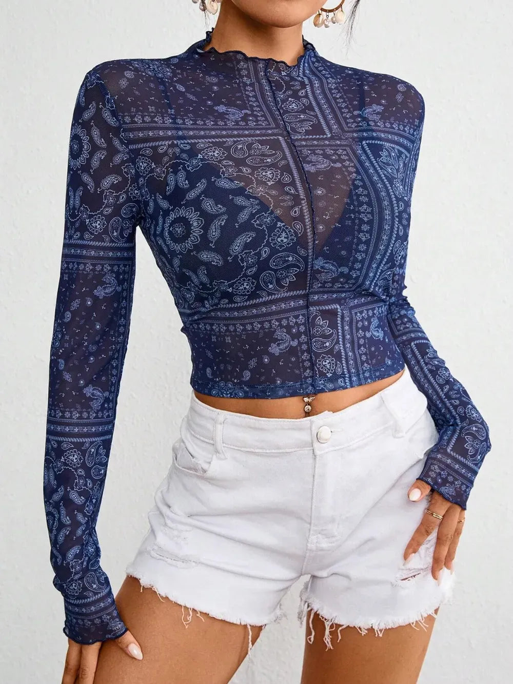 Paisley Mock Neck Long Sleeve Sheer Top Mesh The Nichole Collection