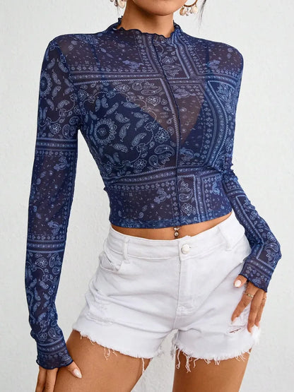 Paisley Mock Neck Long Sleeve Sheer Top Mesh The Nichole Collection