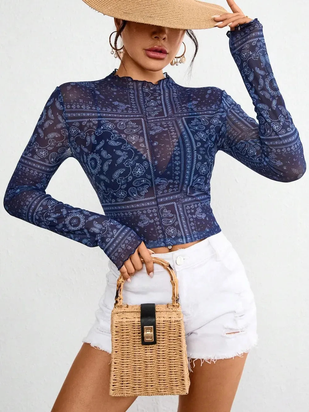Paisley Mock Neck Long Sleeve Sheer Top Mesh The Nichole Collection