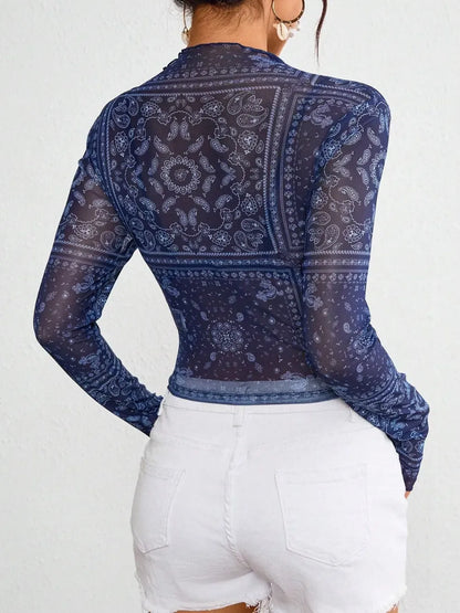 Paisley Mock Neck Long Sleeve Sheer Top Mesh The Nichole Collection