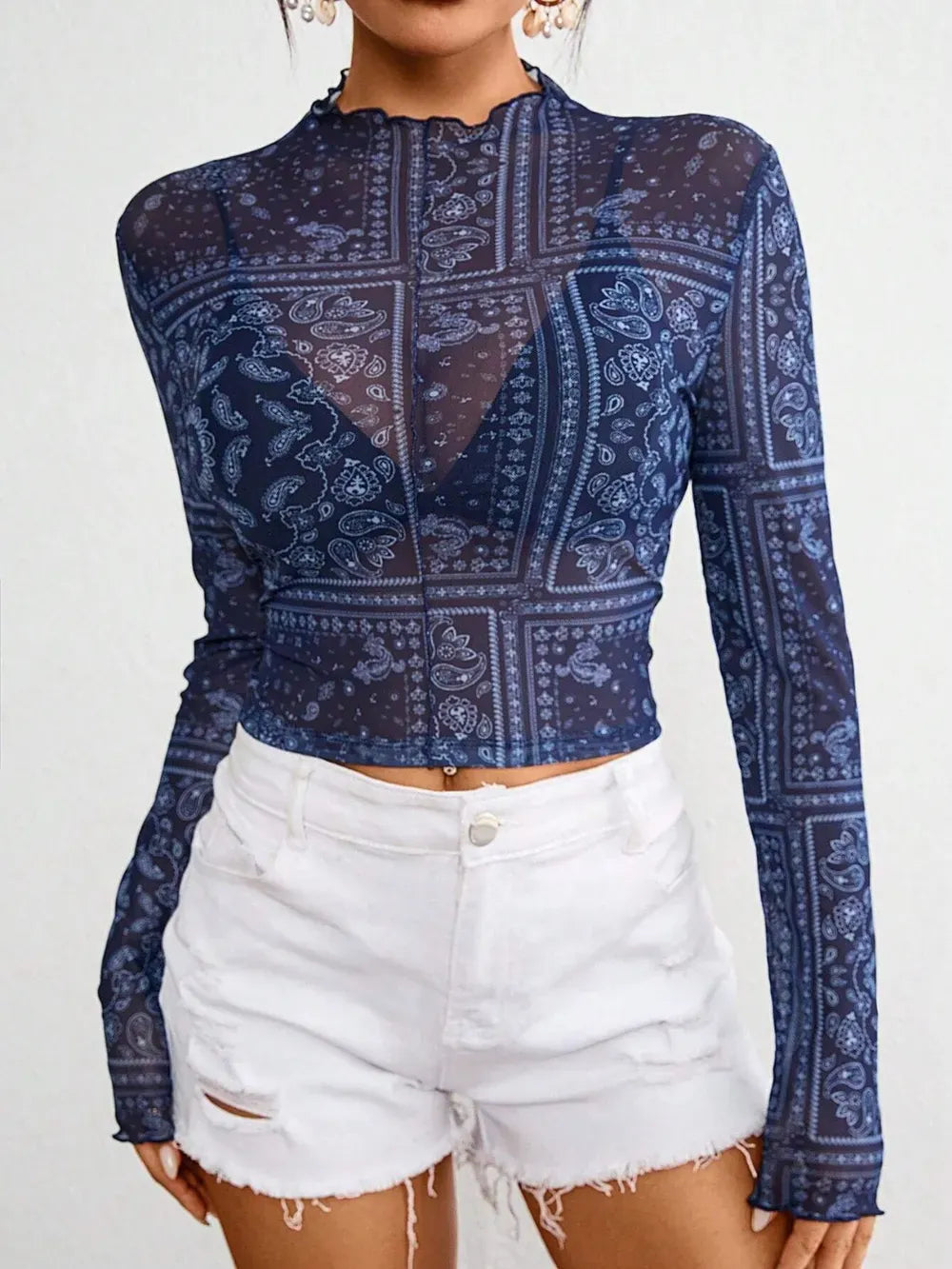 Paisley Mock Neck Long Sleeve Sheer Top Mesh The Nichole Collection