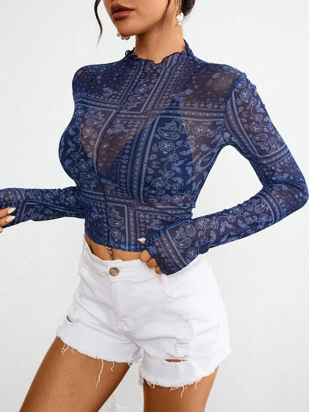 Paisley Mock Neck Long Sleeve Sheer Top Mesh The Nichole Collection