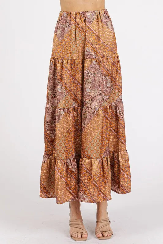 Paisley Patchwork Print Satin Maxi Skirt Hazelnut / S Maxi Skirts The Nichole Collection - Official Site