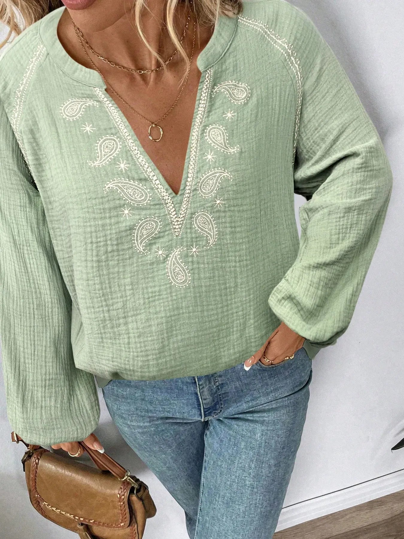 Paisley Pattern Notched Long Sleeve Blouse The Nichole Collection