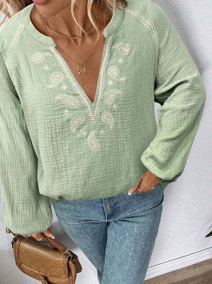 Paisley Pattern Notched Long Sleeve Blouse The Nichole Collection