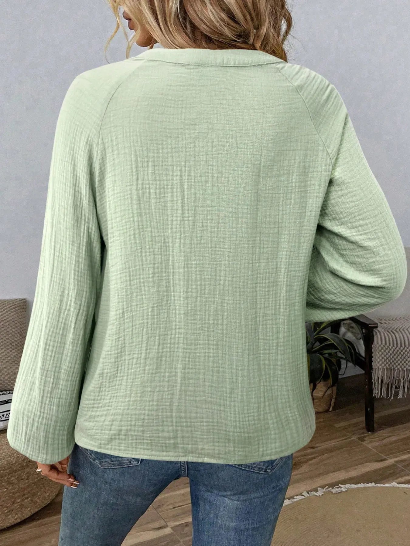 Paisley Pattern Notched Long Sleeve Blouse The Nichole Collection