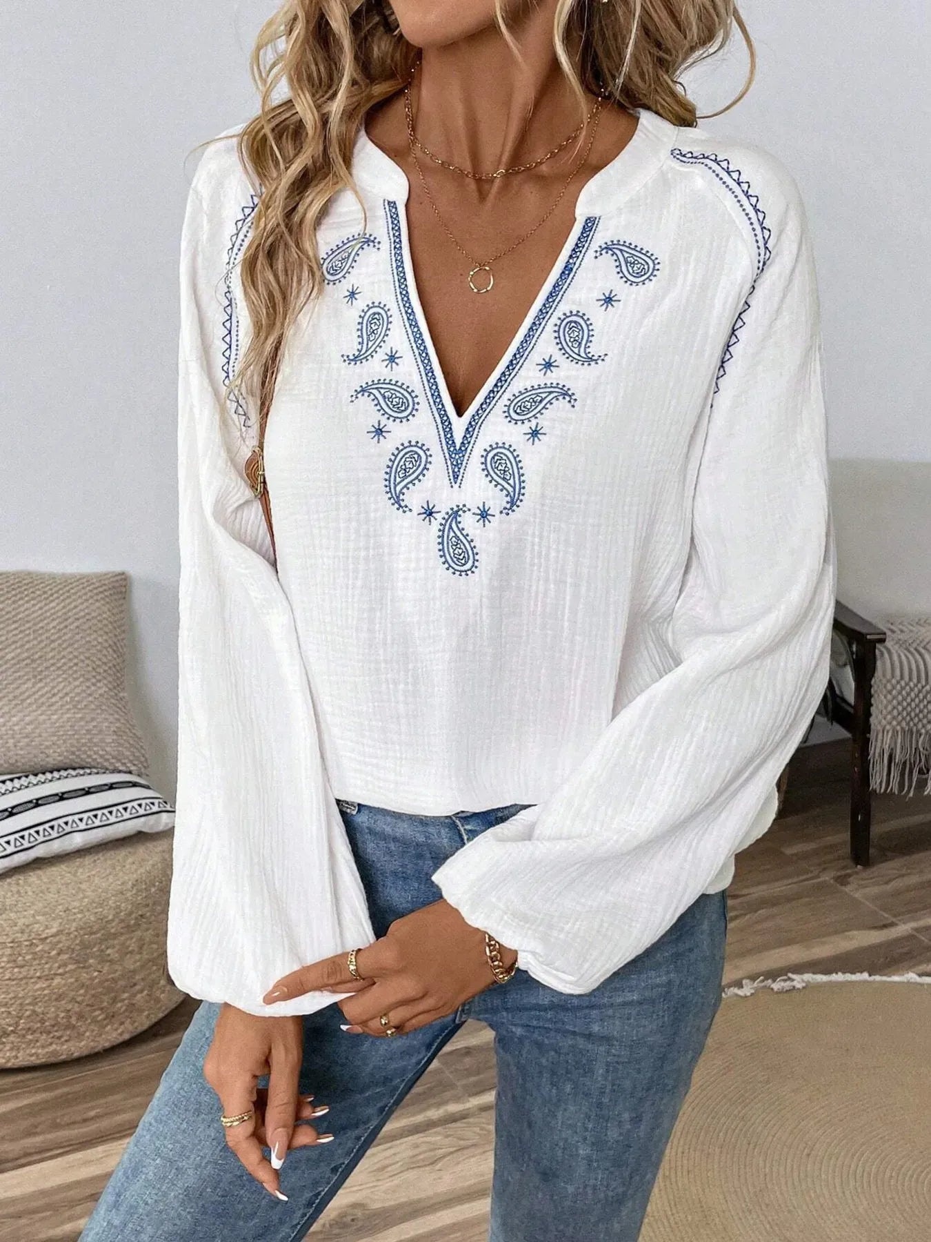 Paisley Pattern Notched Long Sleeve Blouse The Nichole Collection