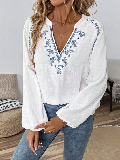 Paisley Pattern Notched Long Sleeve Blouse The Nichole Collection