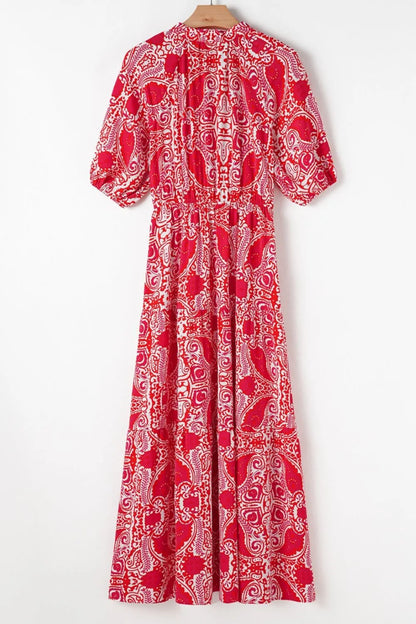 Paisley Print Side Slit Puff Sleeve High Waist Maxi Dress Maxi Dresses The Nichole Collection - Official Site