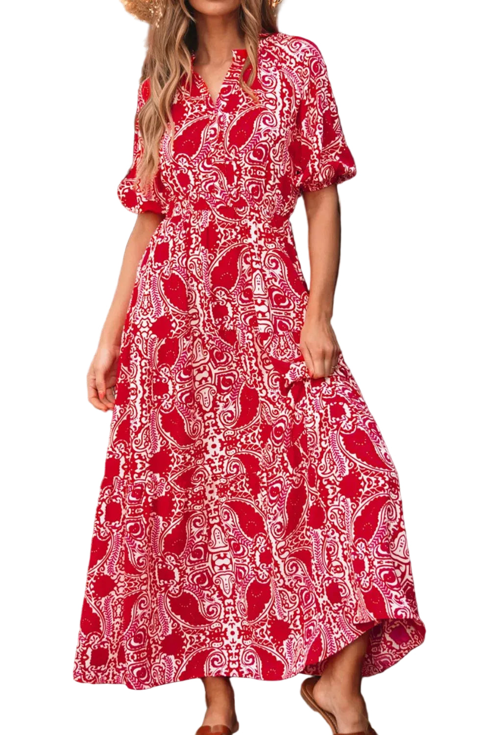 Paisley Print Side Slit Puff Sleeve High Waist Maxi Dress Red / S Maxi Dresses The Nichole Collection - Official Site