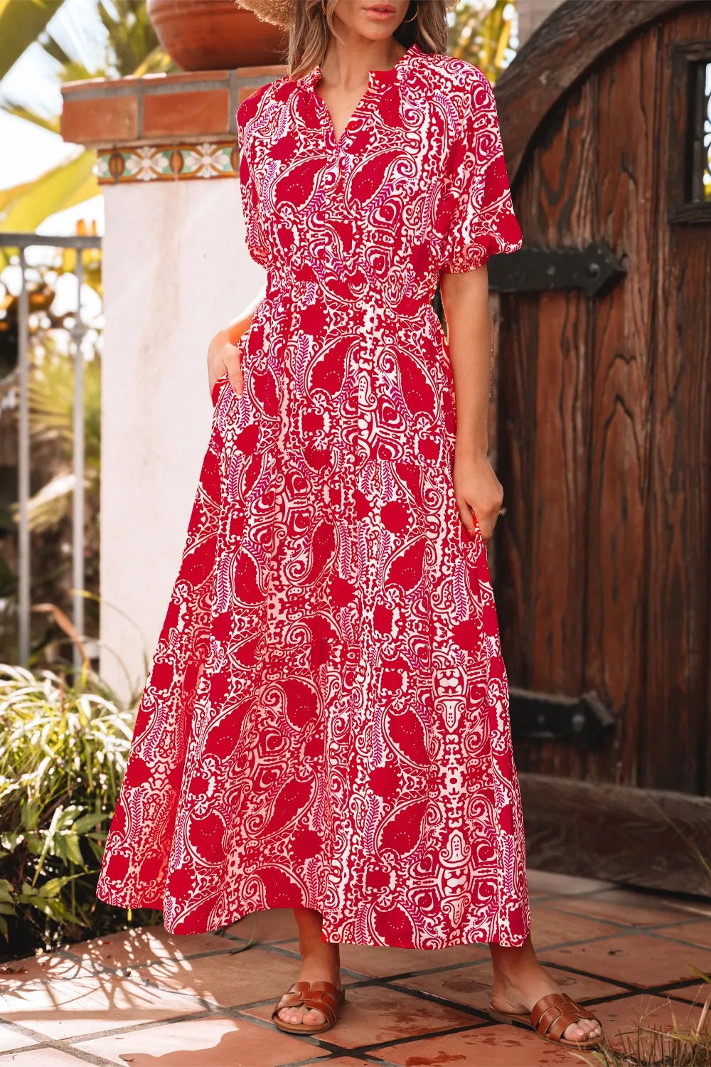 Paisley Print Side Slit Puff Sleeve High Waist Maxi Dress Maxi Dresses The Nichole Collection - Official Site