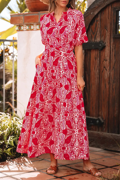 Paisley Print Side Slit Puff Sleeve High Waist Maxi Dress Maxi Dresses The Nichole Collection - Official Site