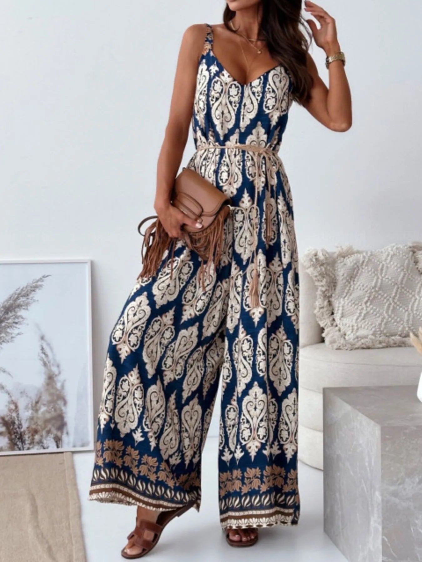 Paisley Print Spaghetti Strap Wide Leg Jumpsuit Jumpsuits & Rompers The Nichole Collection - Official Site