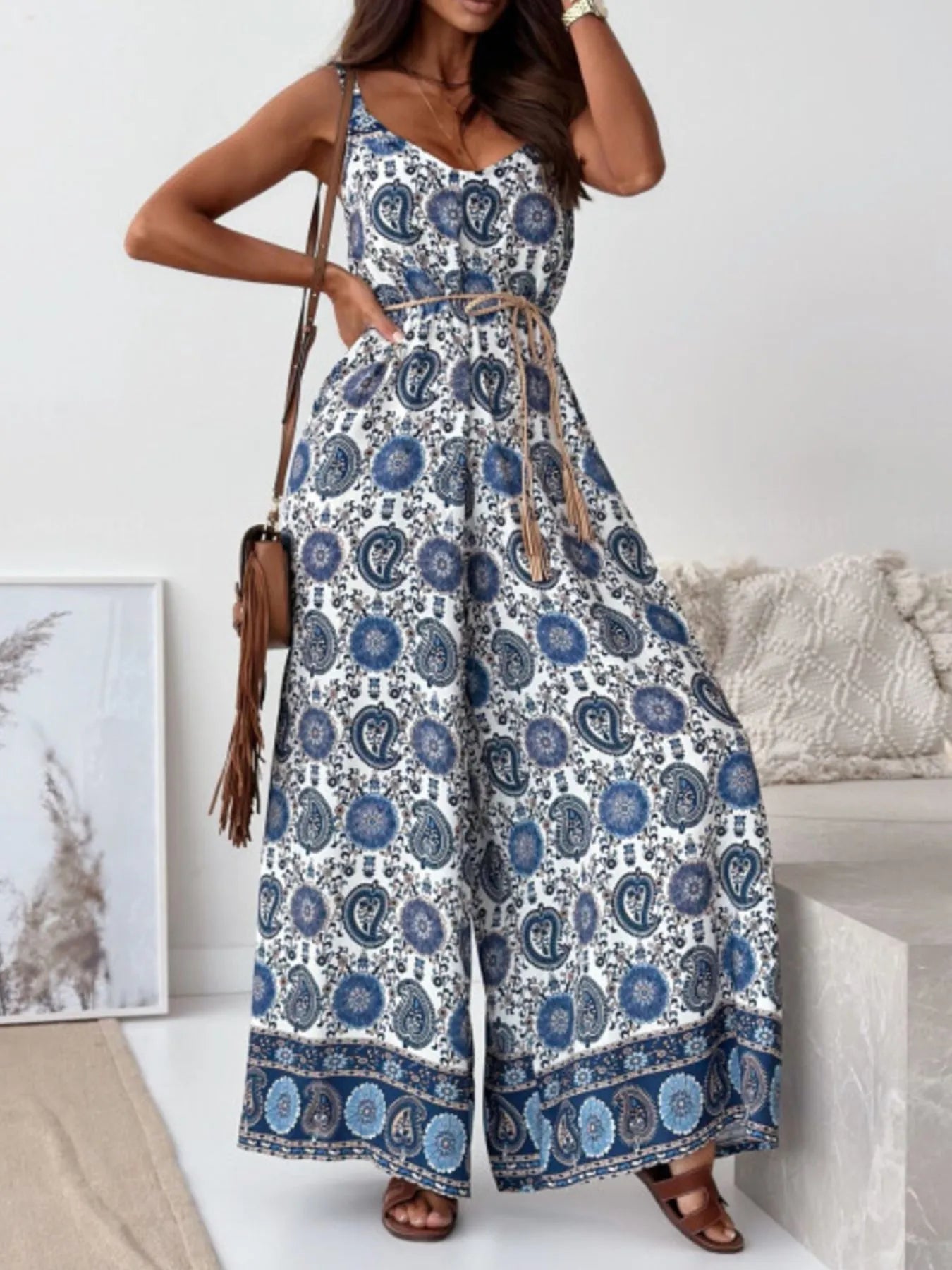 Paisley Print Spaghetti Strap Wide Leg Jumpsuit Blue And White Feathers / S Jumpsuits & Rompers The Nichole Collection - Official Site