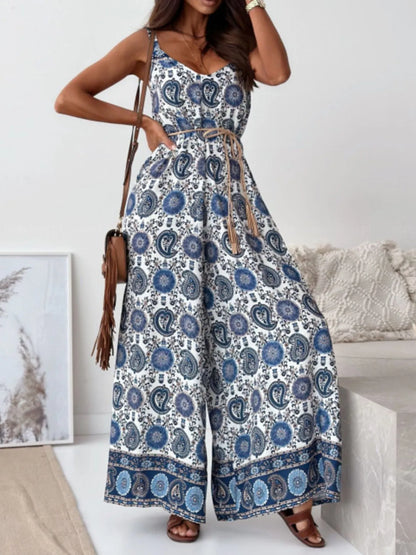 Paisley Print Spaghetti Strap Wide Leg Jumpsuit Blue And White Feathers / S Jumpsuits & Rompers The Nichole Collection - Official Site