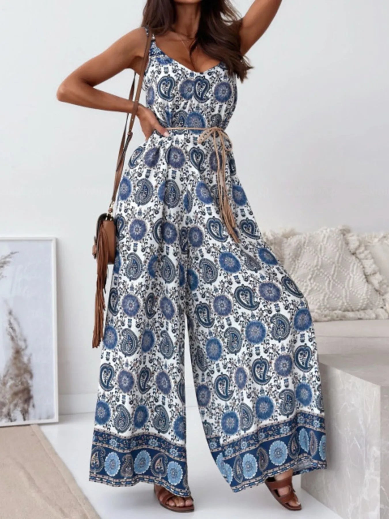 Paisley Print Spaghetti Strap Wide Leg Jumpsuit Jumpsuits & Rompers The Nichole Collection - Official Site