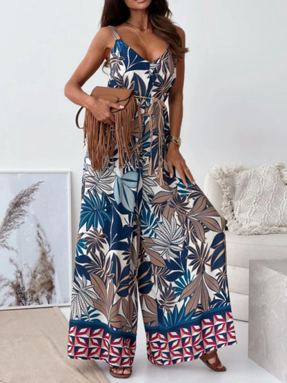 Paisley Print Spaghetti Strap Wide Leg Jumpsuit Big Leaves / S Jumpsuits & Rompers The Nichole Collection - Official Site