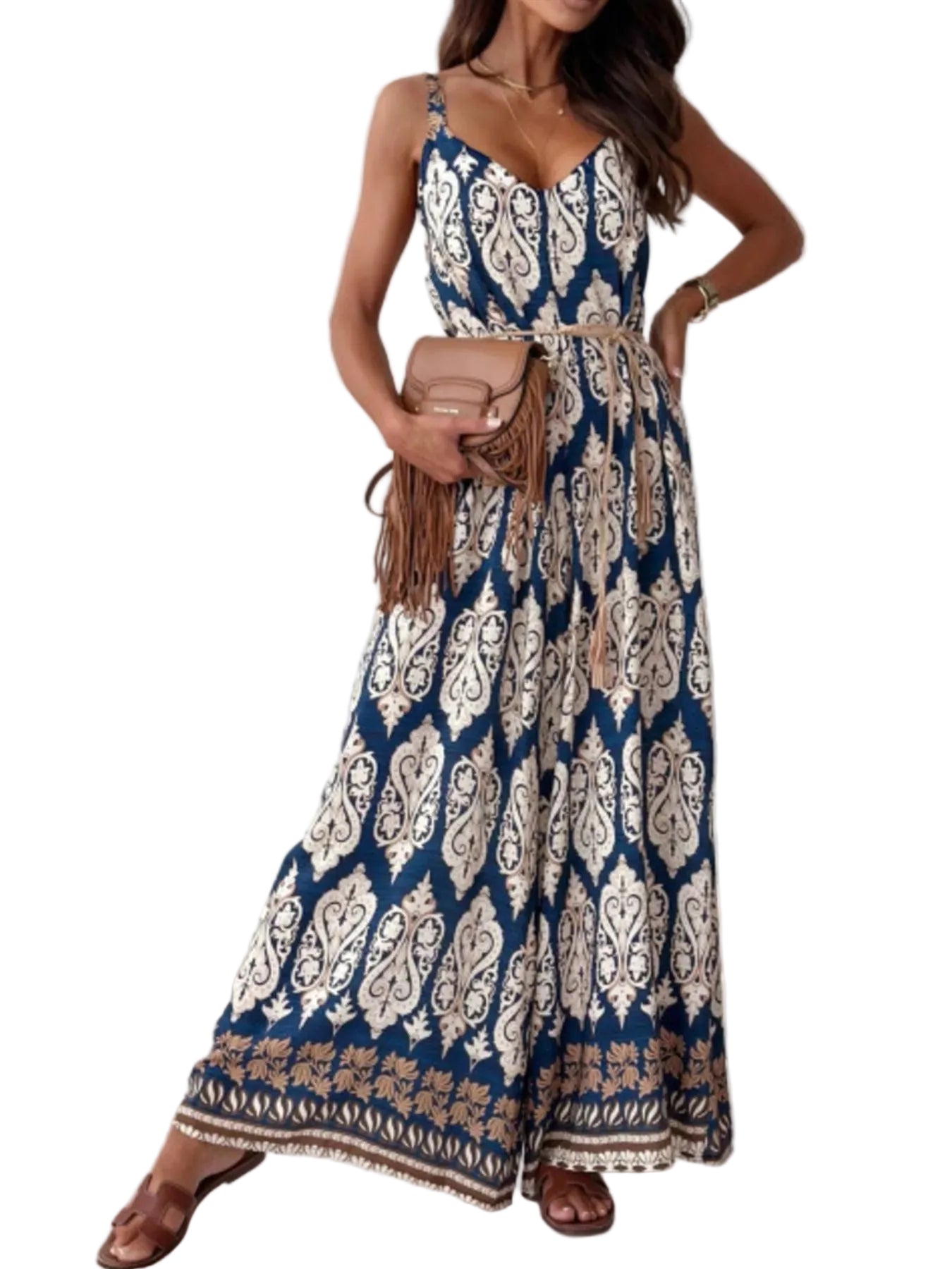 Paisley Print Spaghetti Strap Wide Leg Jumpsuit Milan Color / S Jumpsuits & Rompers The Nichole Collection - Official Site
