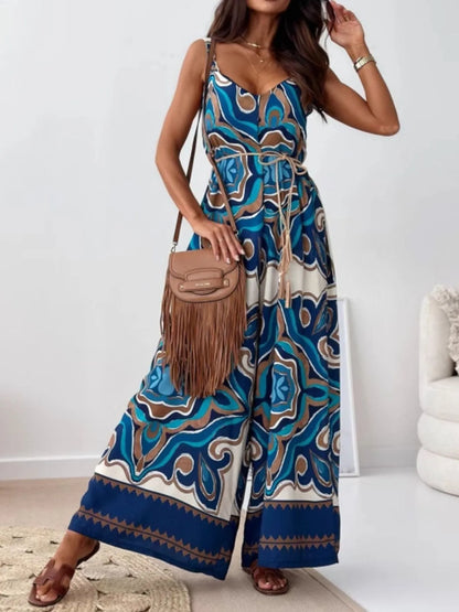 Paisley Print Spaghetti Strap Wide Leg Jumpsuit Blue And White Flowers / S Jumpsuits & Rompers The Nichole Collection - Official Site